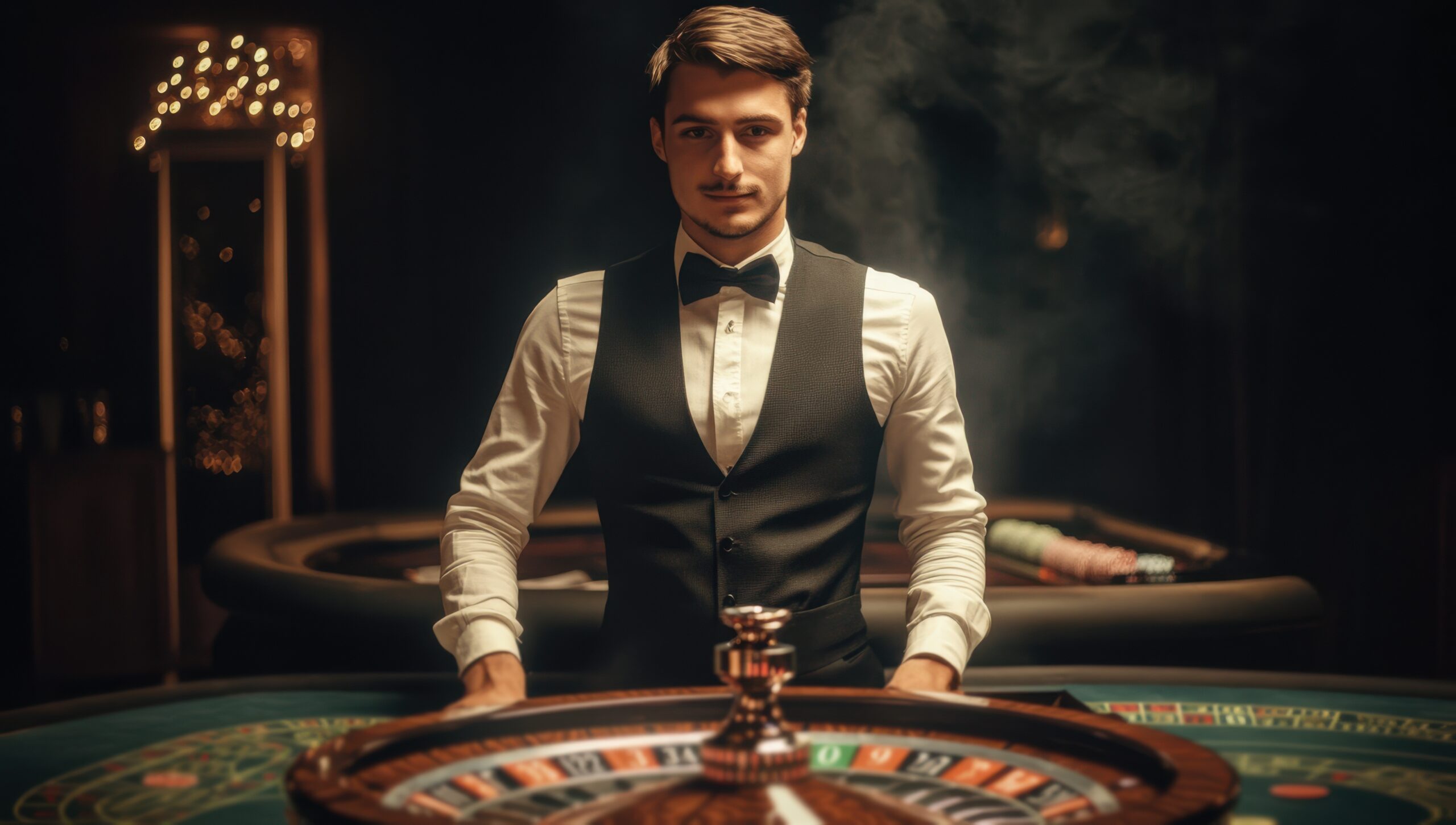 Professional live dealer standing behind a roulette table in a casino, enhancing the immersive experience of live dealer games.